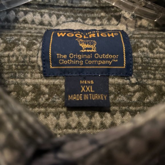 Mens WOOLRICH Sz XXL Green and Tan Pattern w/ Deer Long Sleeve Button Down Shirt - Picture 5 of 7